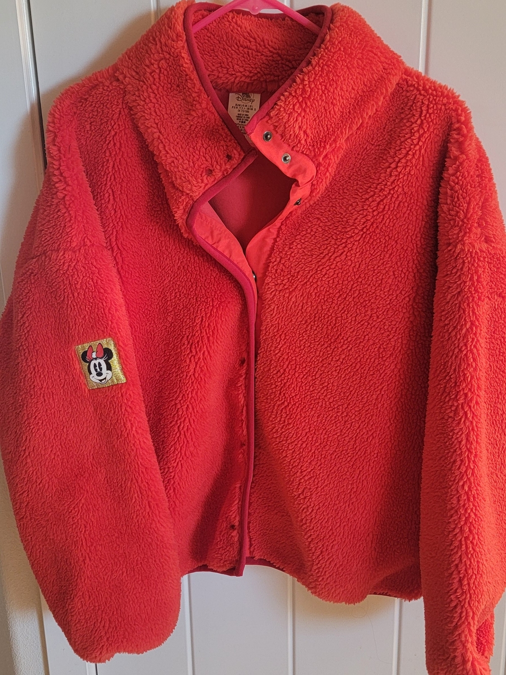 Women's Plush Red Fleece Jacket with Minnie Patch
